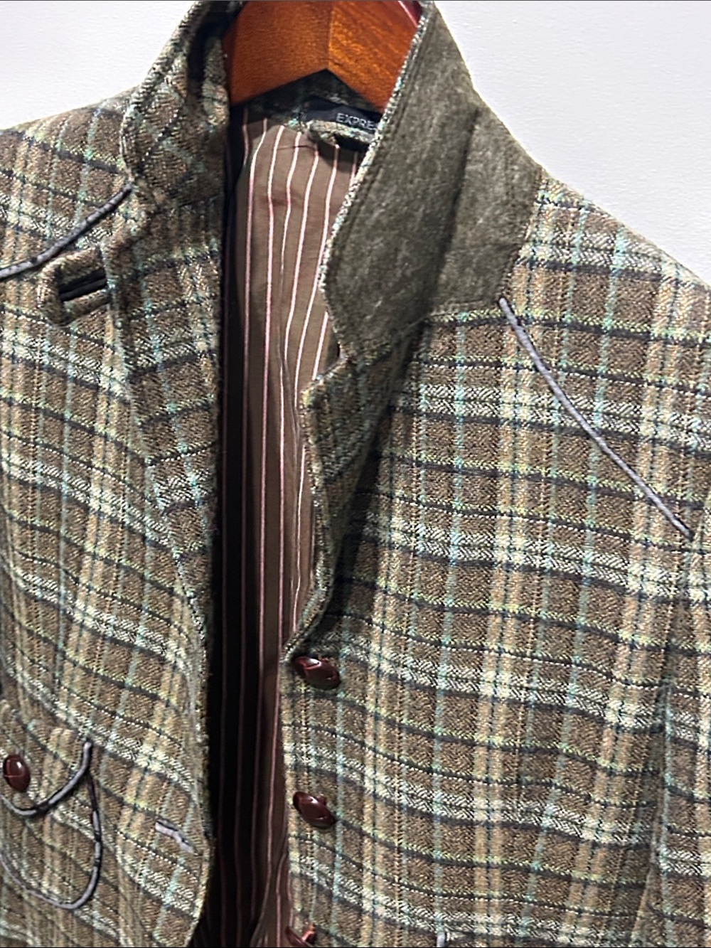 Express Plaid Pea Coat, 3/4 sleeves with worn leather trim and buttons